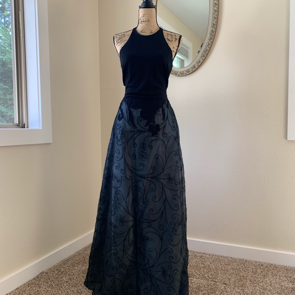 Nicole Bakti Black Backless Halter Gown with Embroidered Skirt